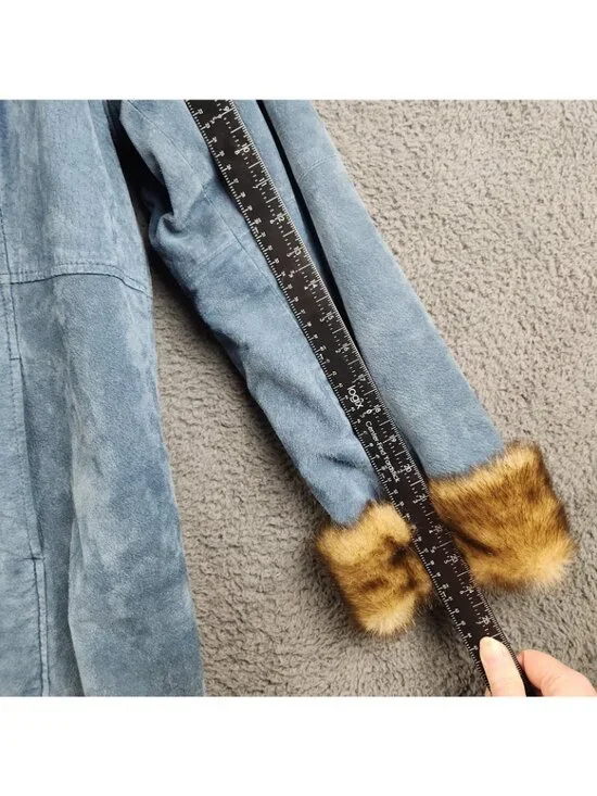 VTG 90's Boho Western Blue Suede Leather Faux Fur Lined Size Large Hooded Luxe - Picture 7 of 10